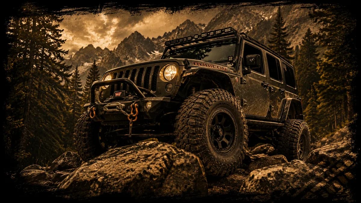 A Rubicon crawling rock against an Ozark mountain sky