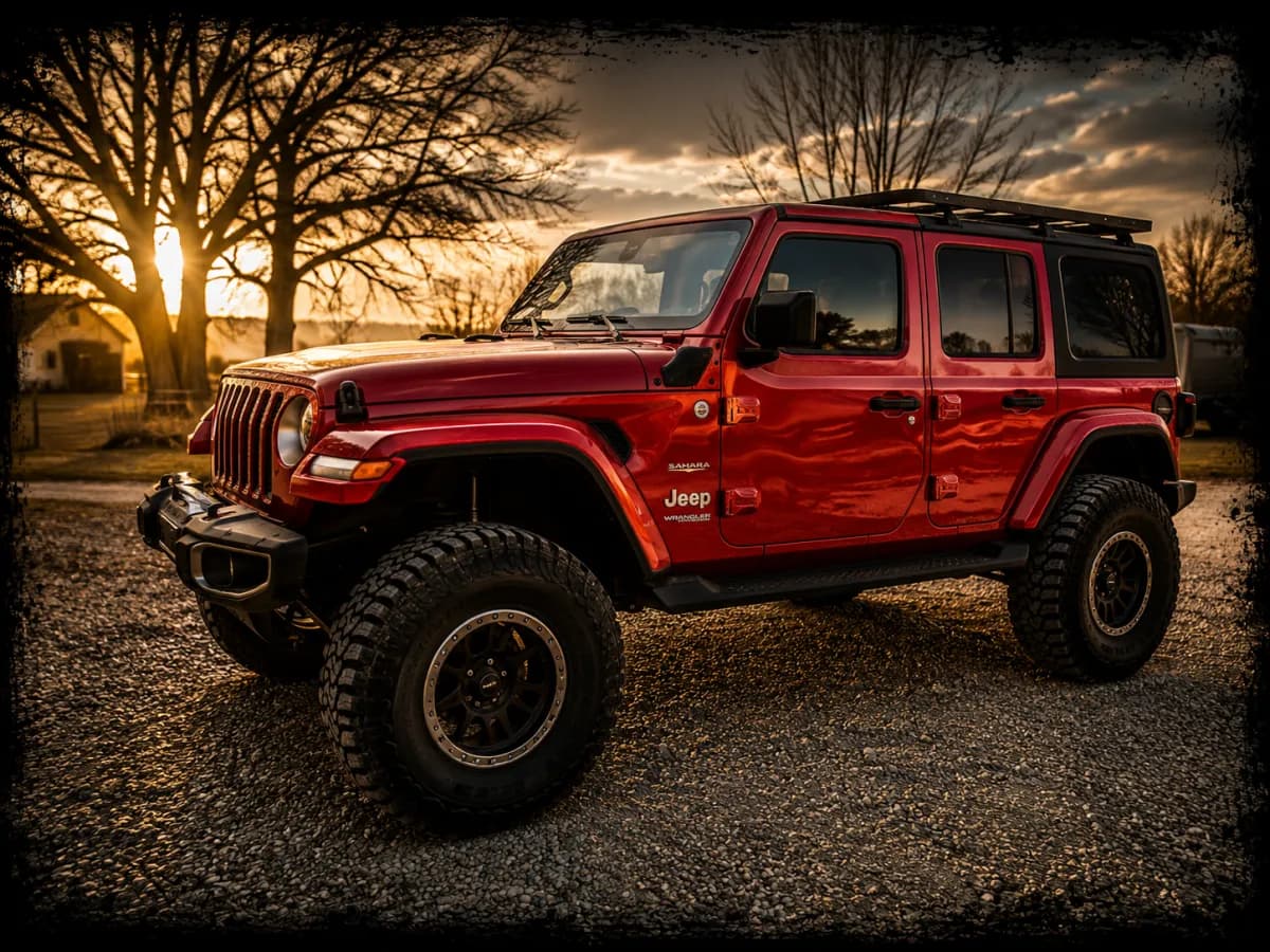 A lifted Wrangler on bronze wheels at golden hour