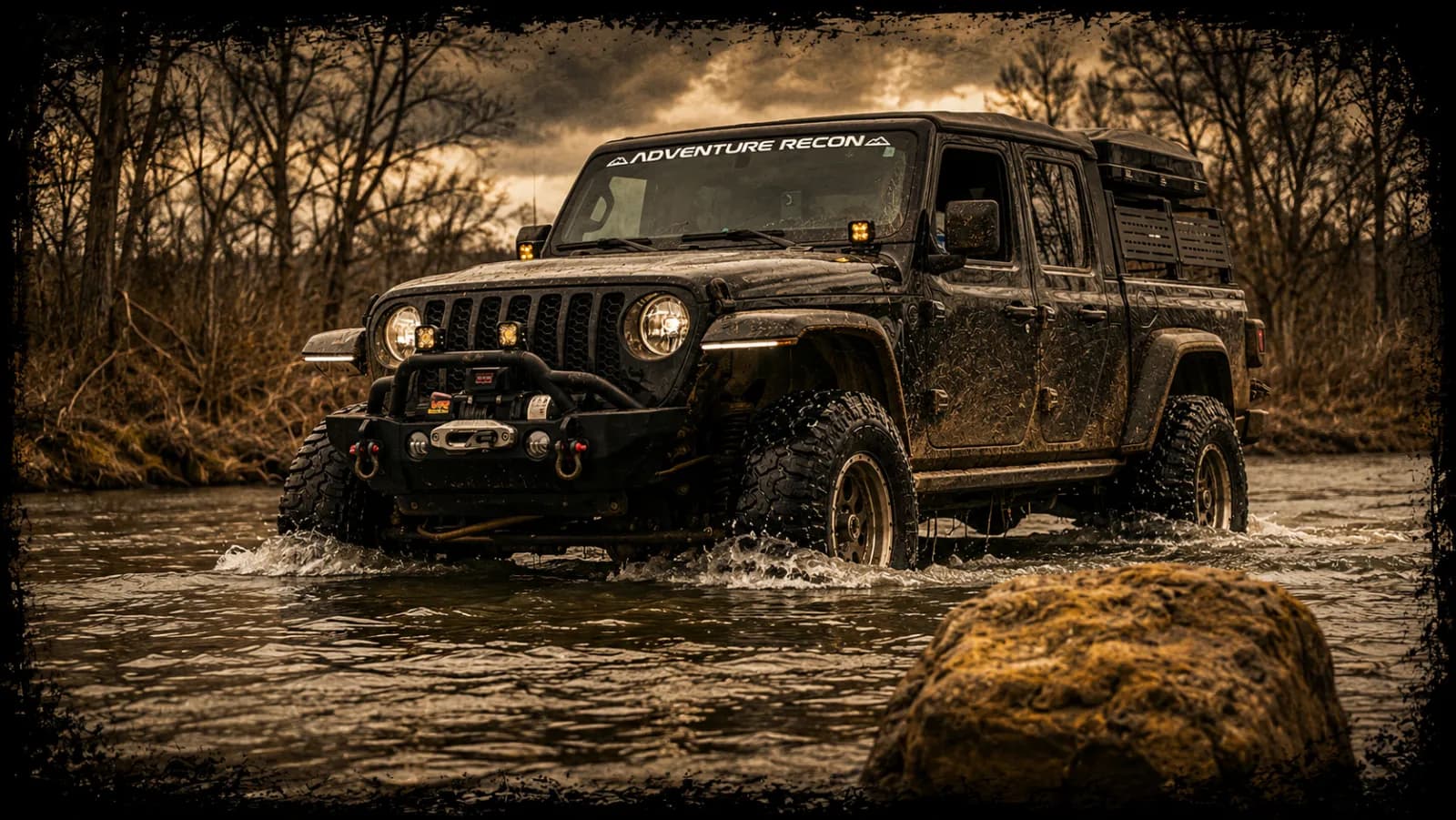 A Gladiator fording an Ozark river at dusk
