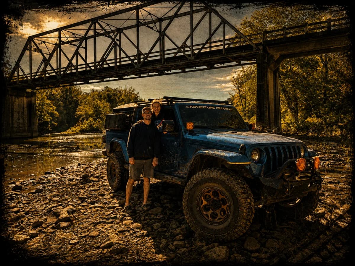 The Bear Off-Road crew with a built Gladiator under an Ozark trestle bridge